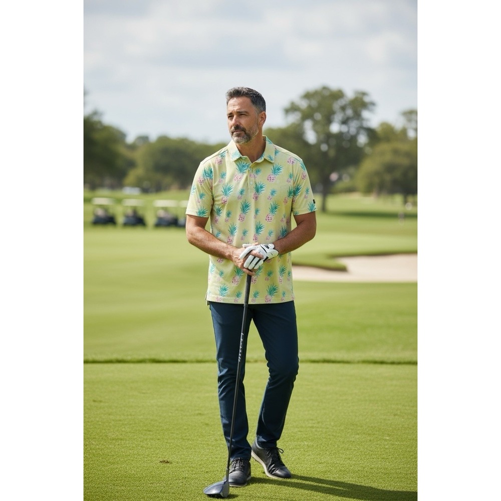 Sunday Swagger Polo Shirt Mens LARGE Yellow Floral Pineapple Golf Performance